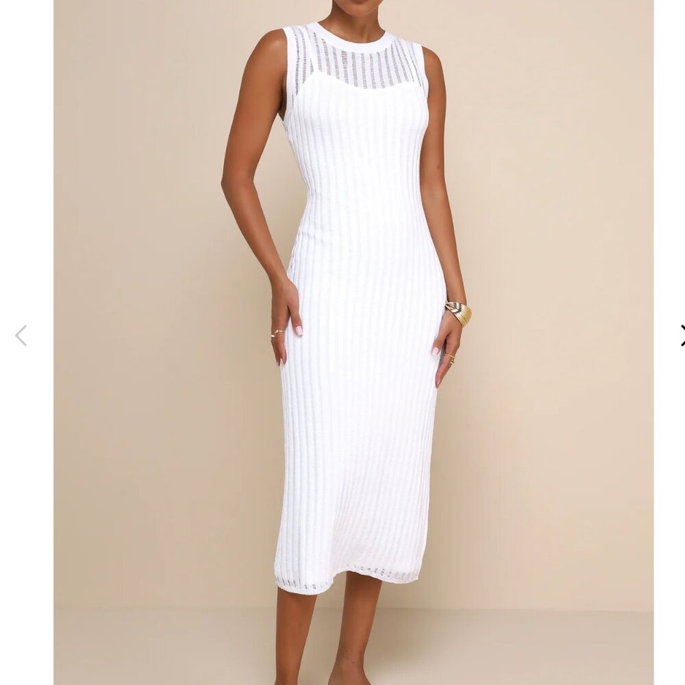 Lulus Effortlessly Sultry White Ribbed Knit Bodycon Midi Dress - Size L - Picture 5 of 5